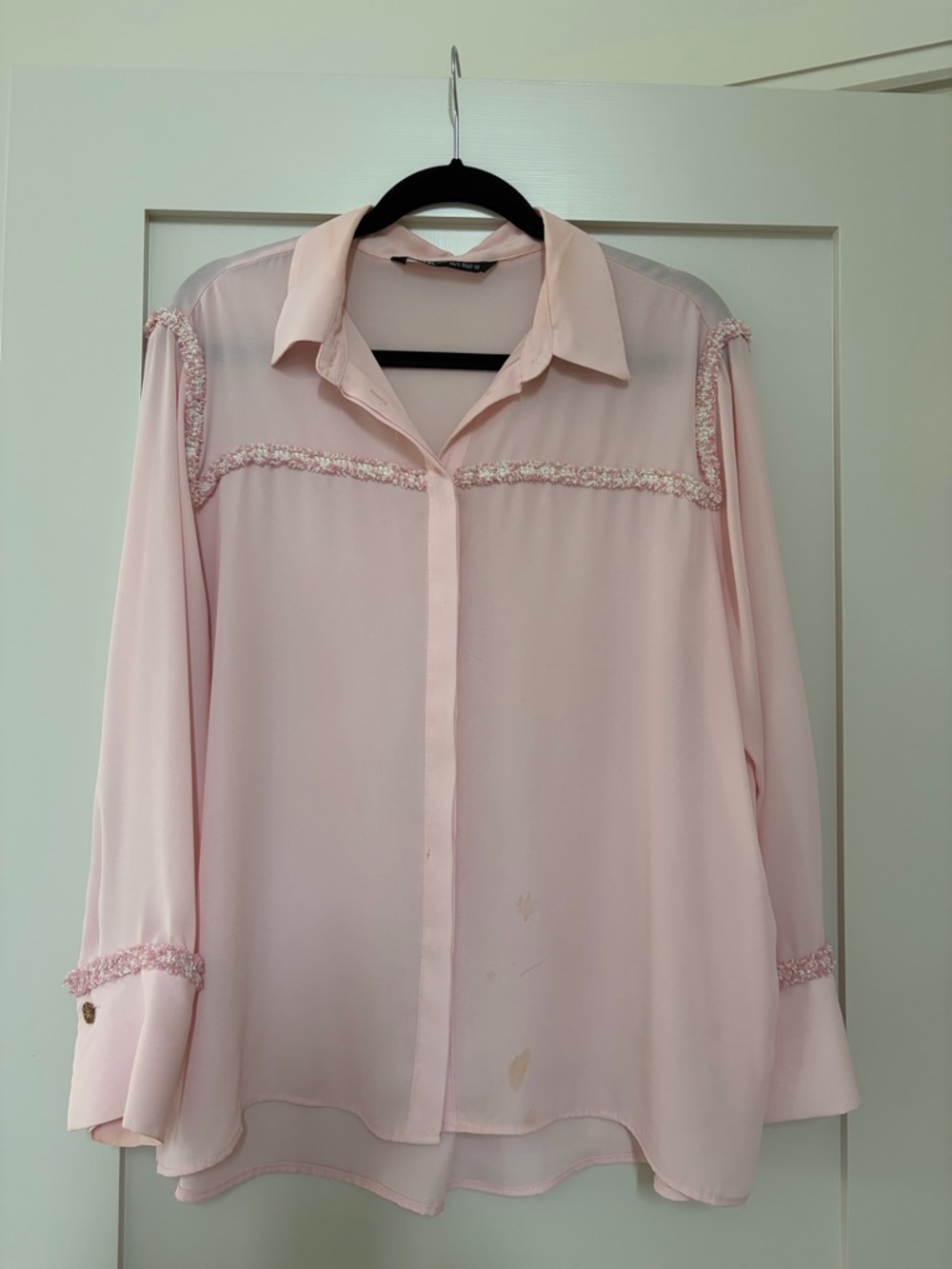 Zara Pale Pink Beaded-Trim Button Front Blouse